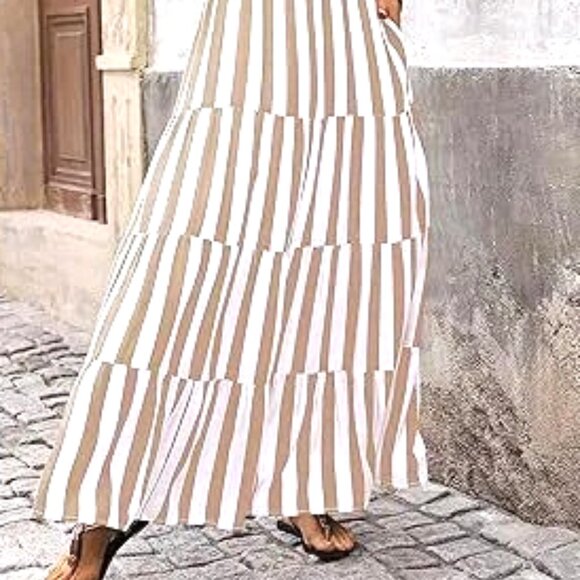 BROWN AND WHITE THREE TIER ALTERNATING STRIPES EMPIRE WAIST MAXI DRESS SIZE M - Picture 7 of 7